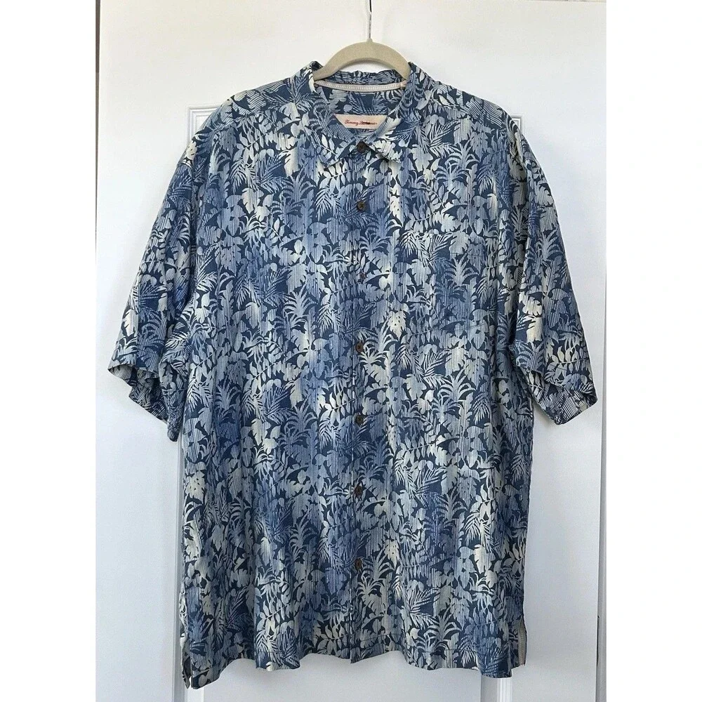Tommy Bahama Mens 100% Linen Shirt Hawaiian Blue Short Sleeve Size XLX Button Up